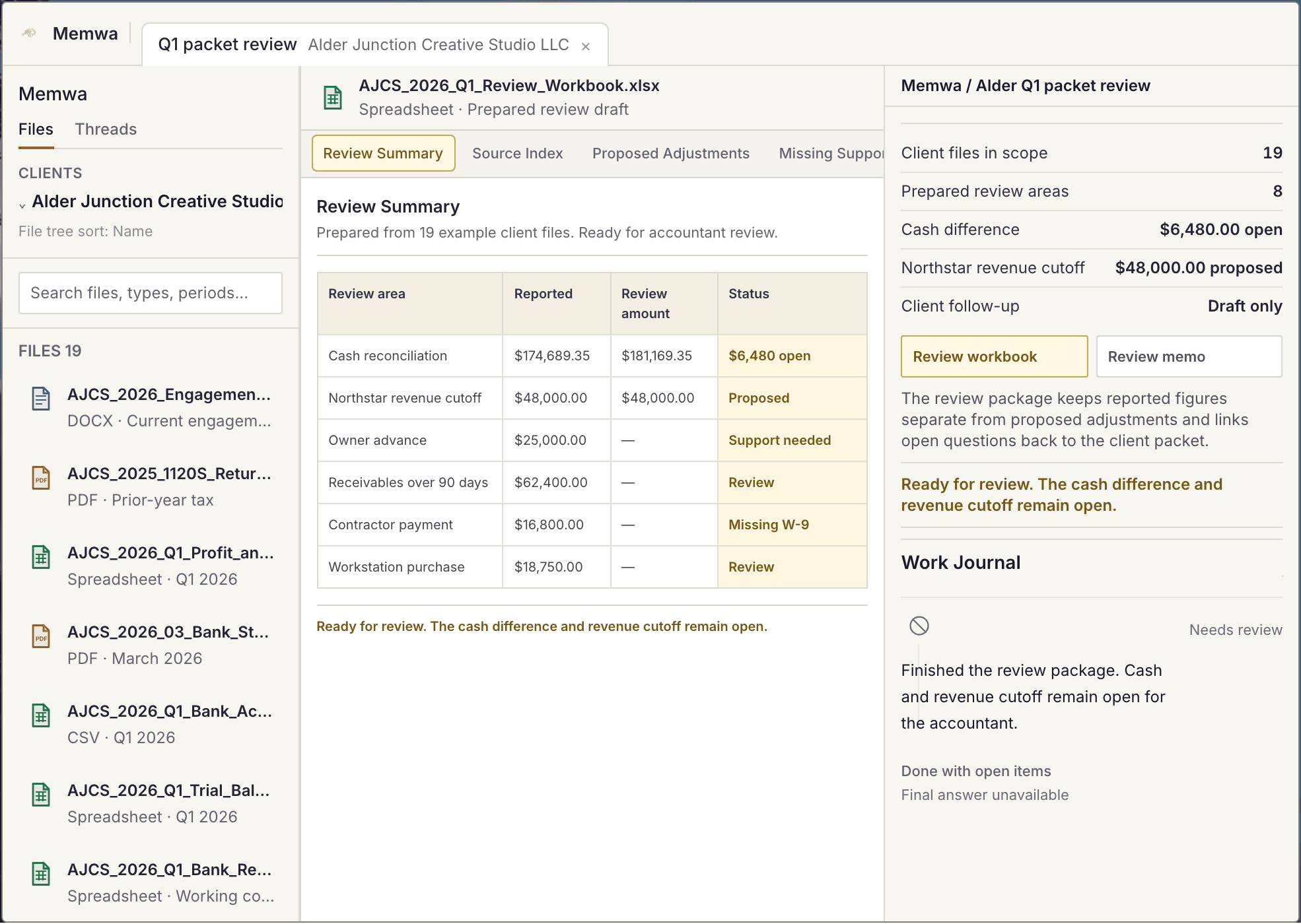 Memwa workspace with the Alder Junction client file tree, Q1 review workbook, and open review result